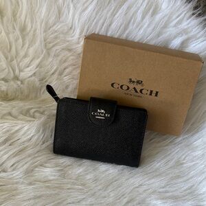 Coach Black Saffiano Leather Compact Zip Wallet